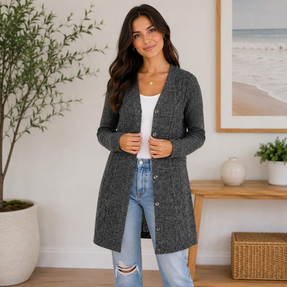 NWT Karen Scott Petite Large Black Ash Marl‎ Cable Knit Button Front Cardigan